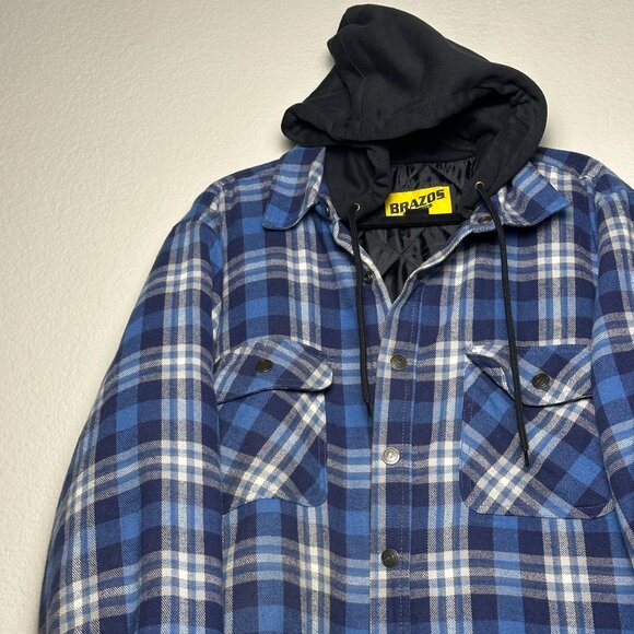 Brazos Work Force Jacket Hooded Button Up Men XL Blue Plaid Puff Insulated Heavy - Picture 12 of 14